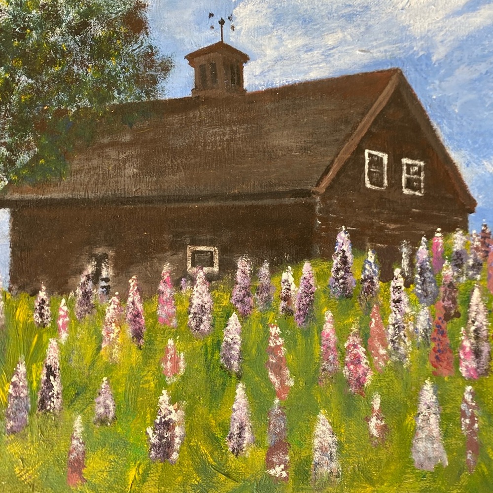 Vintage Barn Landscape Painting Purple Flowers - 14”x18”
